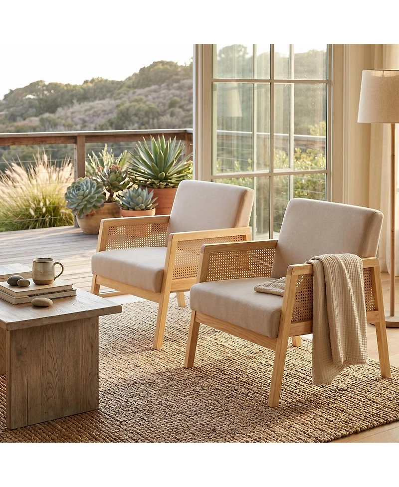 homfan 2 Piece Mid-Century Accent Chair with Rattan Armrests, Linen Upholstery, Thick Cushions, Wood Legs, Lounge Chair for Living Room