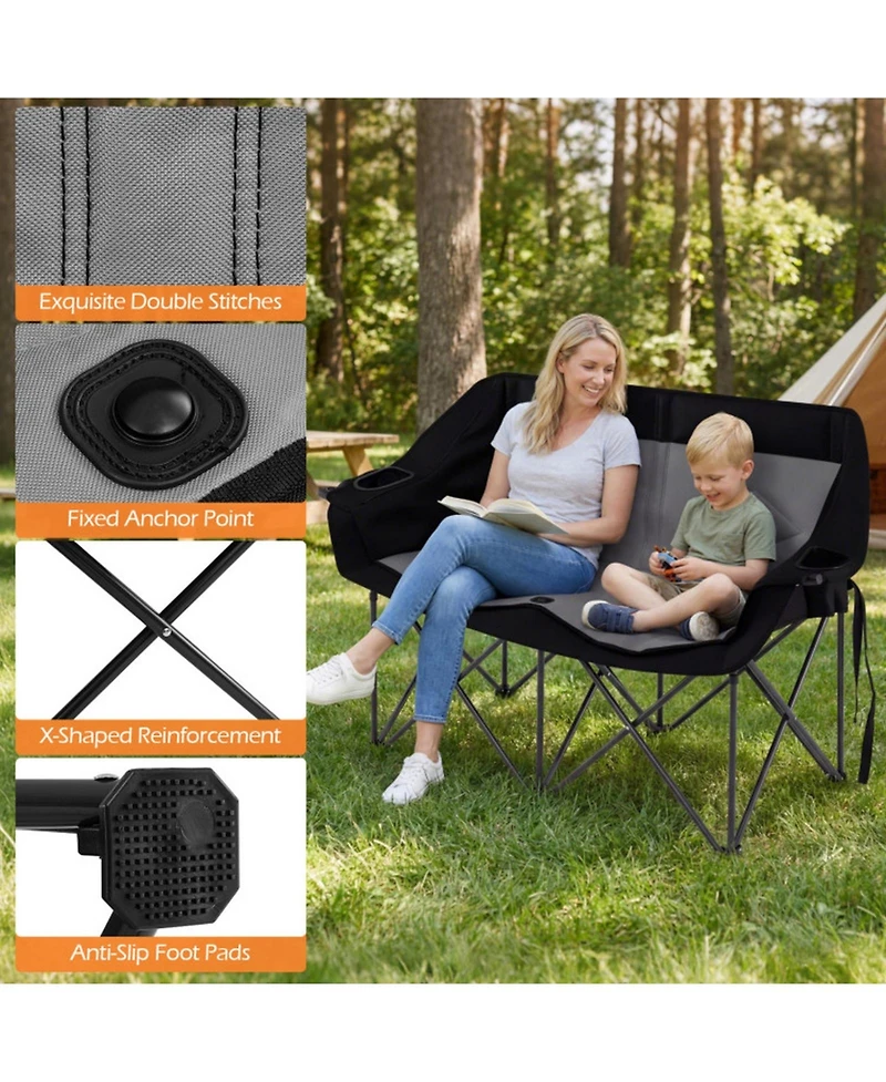Sugift 2-Person Folding Camping Chair with Cup Holders Glass Racks and Mesh Pockets