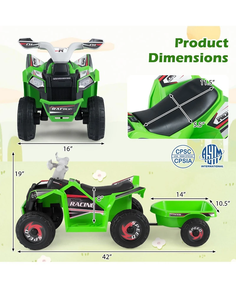 Mecale 6V Kids Electric Atv Quad with Detachable Trailer, 66-lb Capacity