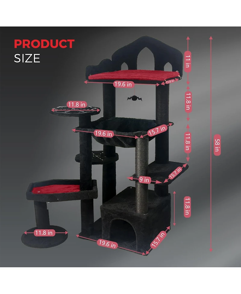 Streamdale Furniture 58in Gothic Multi-Level Cat Tree with Scratching Posts and Cave