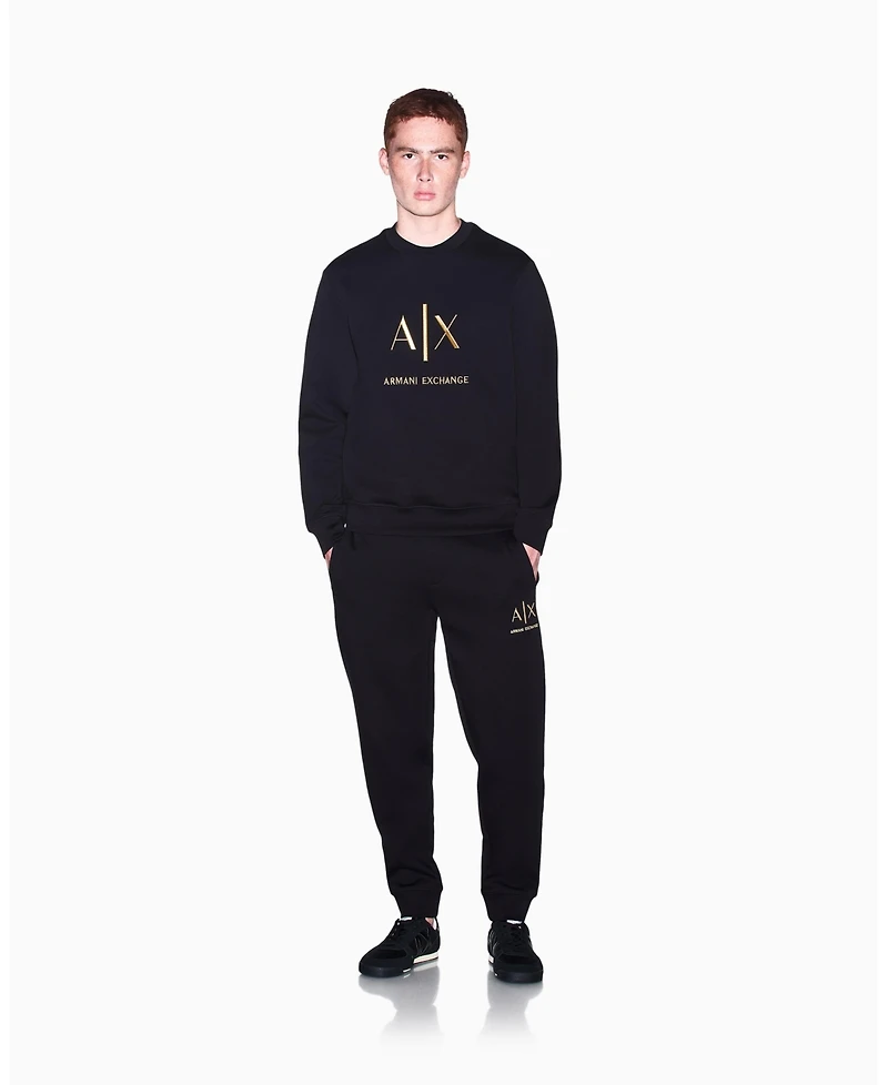 A|X Armani Exchange Men's Black And Gold Bonded Cotton Crewneck Sweatshirt
