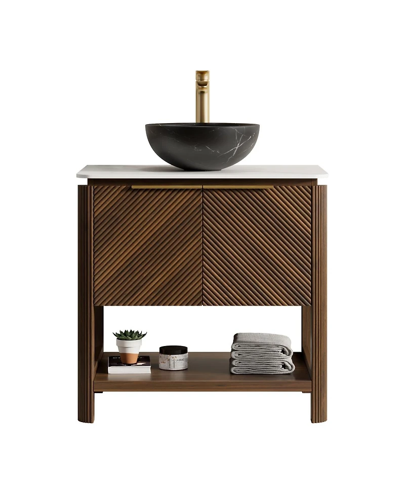 Sillysis 30" Modern Bathroom Vanity with Vessel Sink, Sintered Stone Countertop, Soft Close Solid Wood 3D Doors, Open Shelf Storage