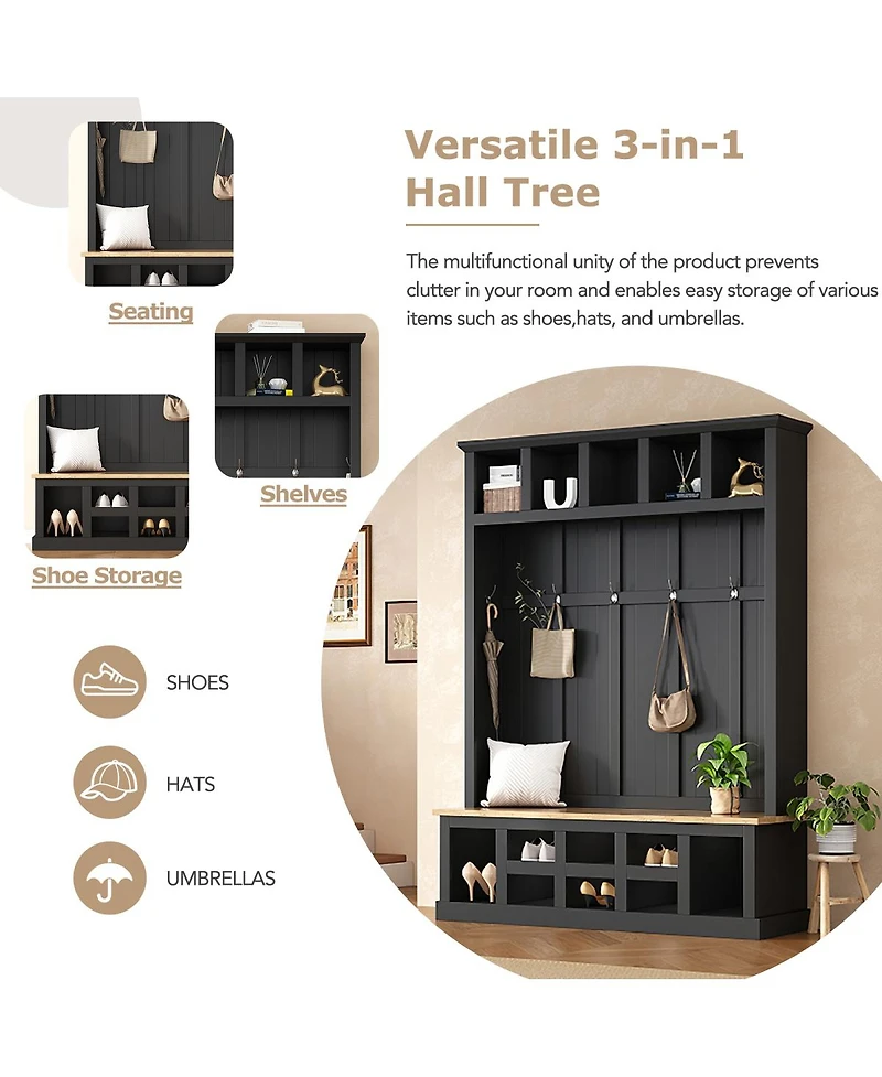 Streamdale Furniture Farmhouse Hall Tree with Storage Bench 13-Compartment Shoe Cabinet and 6 Hooks