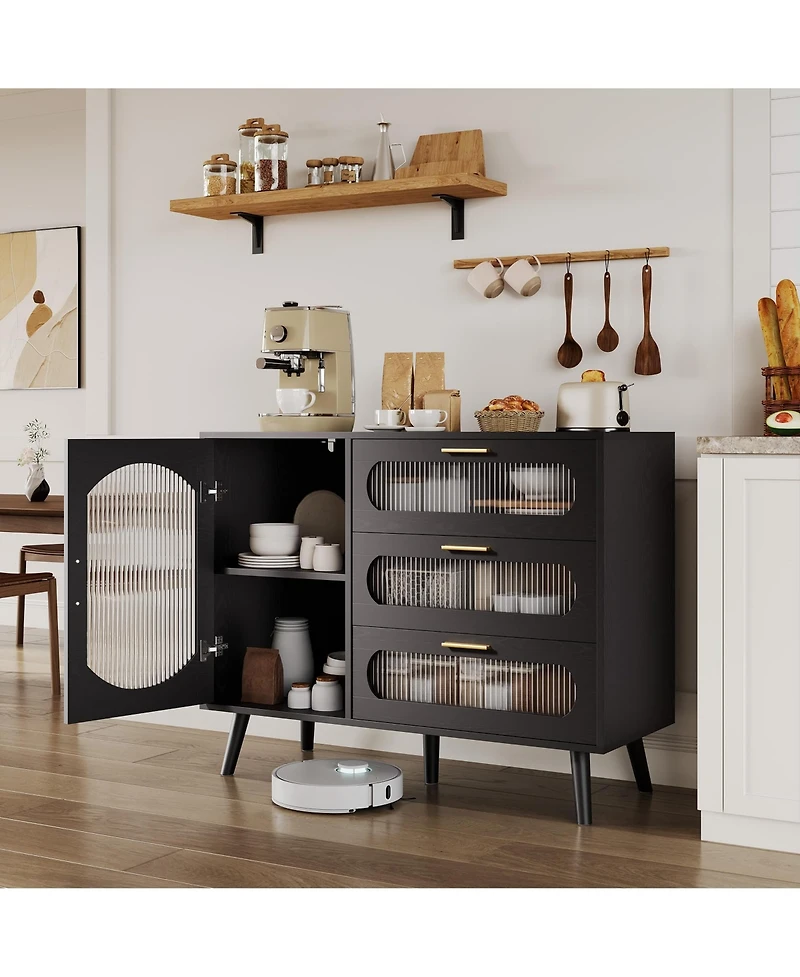 homfan Buffet Cabinet with Fluted Glass Door, 3 Drawers and Adjustable Shelves, Sideboard Storage for Kitchen, Dining Room and Living Room