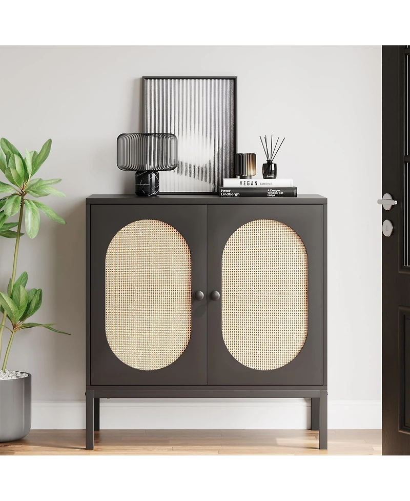 homfan Sideboard Buffet Cabinet Set of 2, Rattan-Style Storage Cabinets with Adjustable Shelves, for Dining Room, Kitchen and Living Room