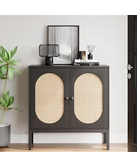 homfan Sideboard Buffet Cabinet Set of 2, Rattan-Style Storage Cabinets with Adjustable Shelves, for Dining Room, Kitchen and Living Room