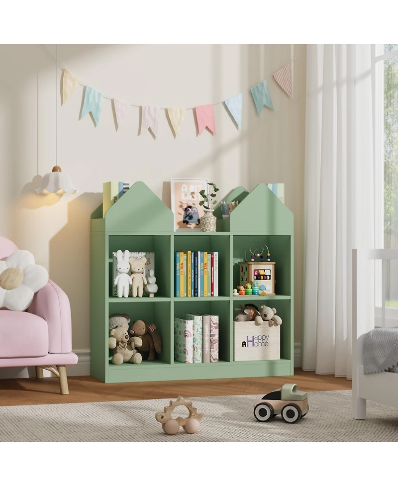 homfan Kids Castle Cube Toy Storage Organizer, Wooden 6 Cubby Bookshelf with Anti Tip Device for Playroom or Bedroom