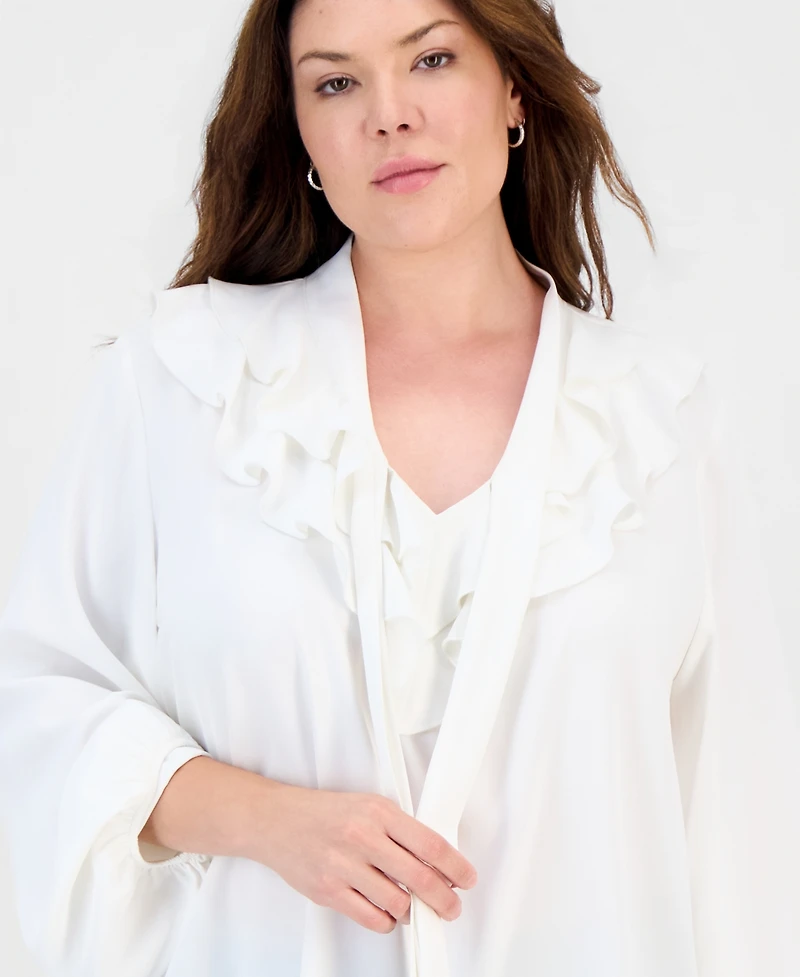Kasper Plus Long-Sleeve Split-Neckline Ruffle Blouse
