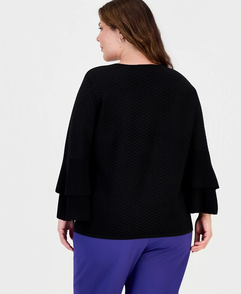 Kasper Plus Textured Bell-Sleeve Top