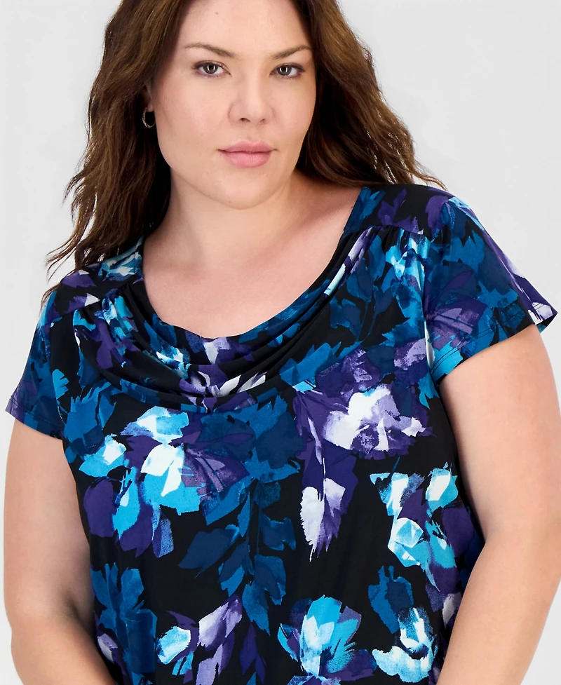 Kasper Plus Printed Cowl-Neck Cap-Sleeve Top