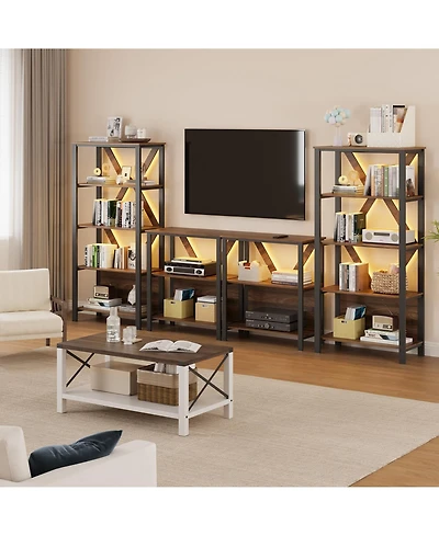 homfan Industrial Bookshelf with Led Lights 4-Tier Heavy Duty Metal Open Bookcase Tall Vintage Storage Organizer for Office, Bedroom, Living Room
