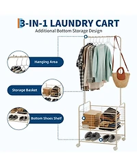homfan Entryway Clothes Rack with Wheels and Storage Basket, 68 Inch Metal Hall Tree with Hanging Rod and Shelves for Coat, Bag, Shoe Storage