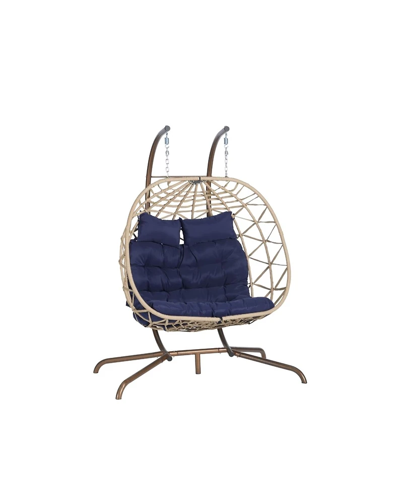 Asagikoiai 2 Person Rattan Hanging Egg Chair with Stand, Double Outdoor Swing