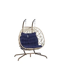 Asagikoiai 2 Person Rattan Hanging Egg Chair with Stand, Double Outdoor Swing