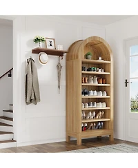 homfan Tall Shoe Cabinet, 70" Arched Storage Cabinet with 7 Tiers, Wooden Rack Adjustable Shelves