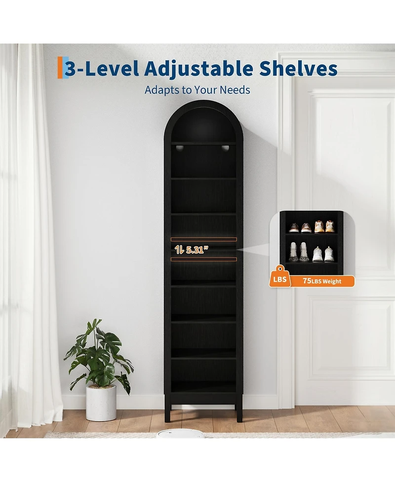 homfan Tall Shoe Cabinet, 70" Arched Storage Cabinet with 8 Tiers, Wooden Rack Adjustable Shelves