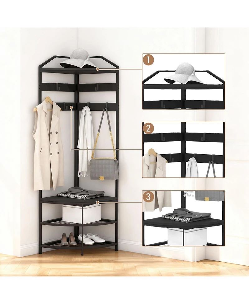homfan 4-in-1 Corner Hall Tree Shoe Bench - 71in Tall Space-Saving Freestanding Entryway Organizer with 4 Storage Shelves and 6 Hooks