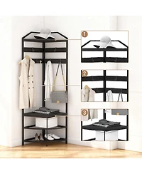 homfan 4-in-1 Corner Hall Tree Shoe Bench - 71in Tall Space-Saving Freestanding Entryway Organizer with 4 Storage Shelves and 6 Hooks
