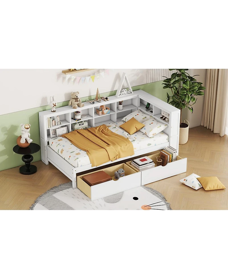 Streamdale Furniture Wooden Daybed with 2 Drawers Storage Shelf and Usb Ports