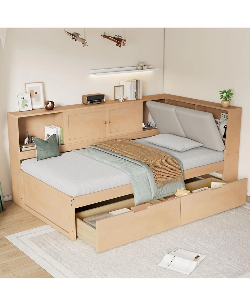 Streamdale Furniture Wooden L-Shaped Twin Daybed with Storage Bookcase and Usb Ports