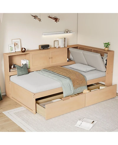 Streamdale Furniture Wooden L-Shaped Twin Daybed with Storage Bookcase and Usb Ports