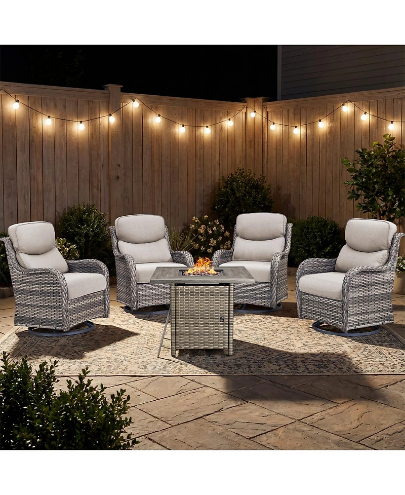 Pocassy 5 Pieces Fire Pit Patio Furniture Set 4 Thick Cushioned Swivel Chairs with Table Outdoor Conversation