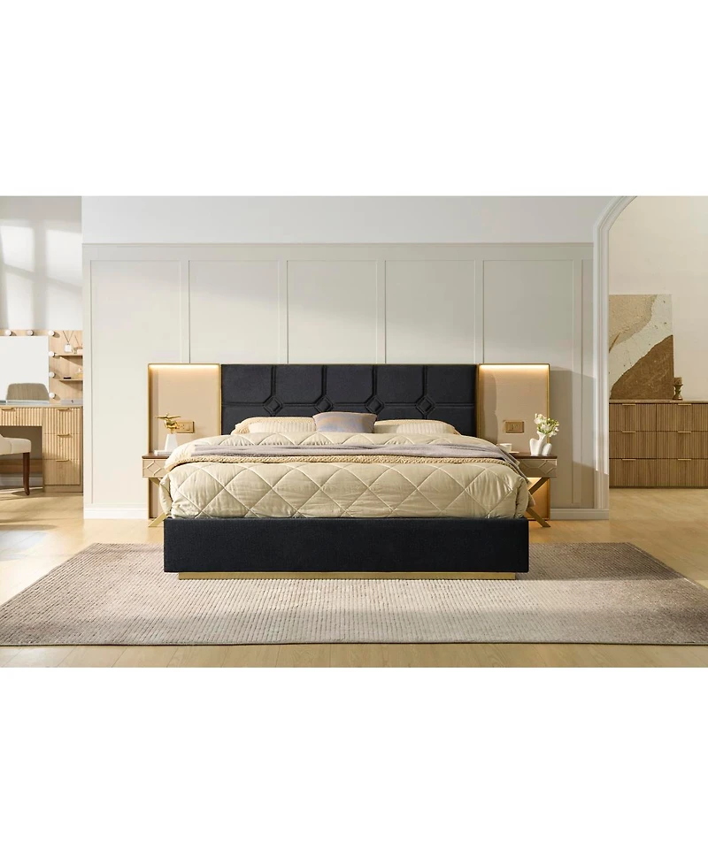Streamdale Furniture Luxurious Velvet Platform Bed with Built-in Lamps Tables and Metal Frame