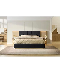 Streamdale Furniture Luxurious Velvet Platform Bed with Built-in Lamps Tables and Metal Frame