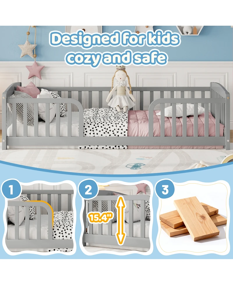 Streamdale Furniture Twin Size Floor Fence Bed with Guardrails