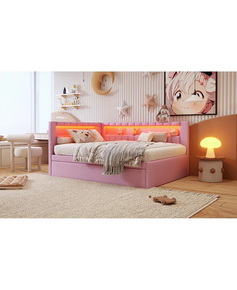 Streamdale Furniture Full Size Upholstered Platform Bed with Led Usb Ports and Trundle