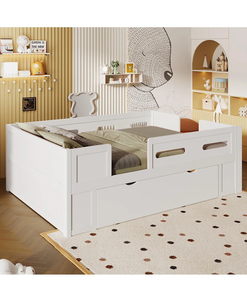 Streamdale Furniture Wood Platform Bed with Guardrail and Drawer