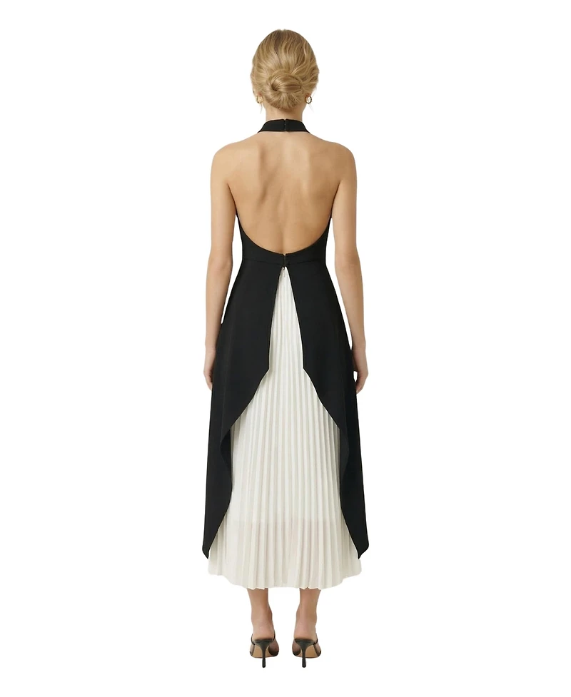 Modenaire Women's Halter-Neck Asymmetric Layered Pleated Midi Dress