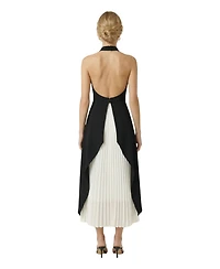 Modenaire Women's Halter-Neck Asymmetric Layered Pleated Midi Dress