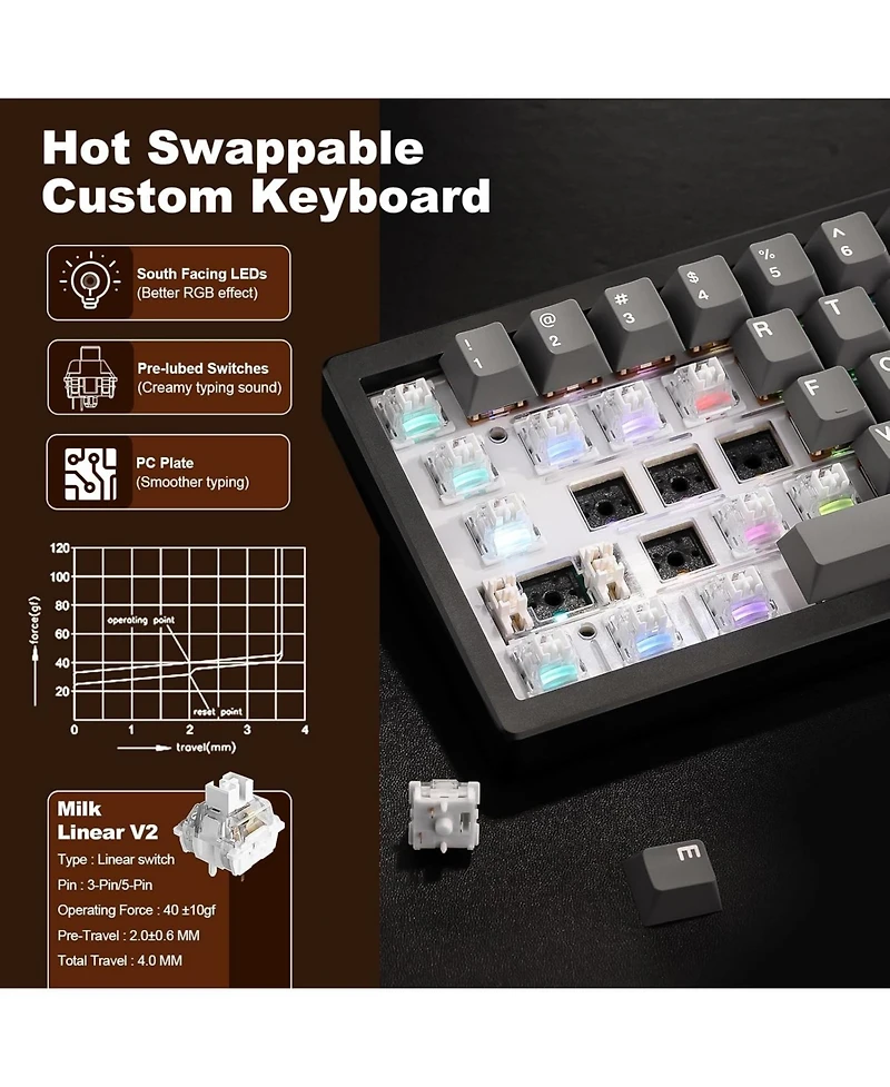 Lamicall AL68 60% Full Aluminum Knob Tri-Mode Hot Swap Keyboard Milk V2 Linear
