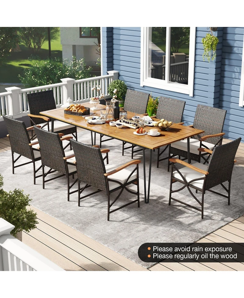 Gouun Wicker Patio Furniture Set of 8 Armchairs Acacia Wood Table and Cushions
