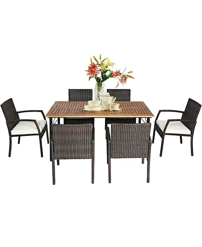 Gouun 7-Piece Patio Rattan Cushioned Dining Set with Acacia Wood Table and Umbrella Hole