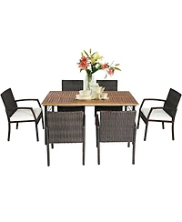 Gouun 7-Piece Patio Rattan Cushioned Dining Set with Acacia Wood Table and Umbrella Hole