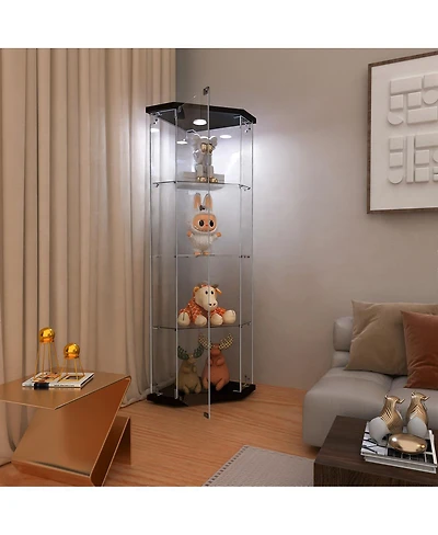 Streamdale Furniture Pentagon Glass Display Cabinet with 4 Shelves and Led Lights