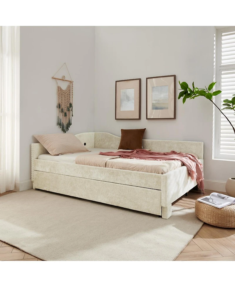 Streamdale Furniture Full Size Curved Padded Daybed with Trundle Nailhead Trim and Usb Port