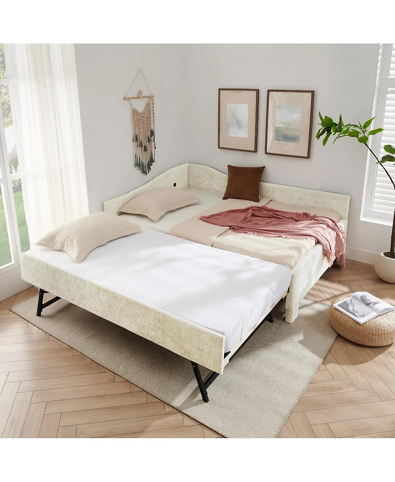 Streamdale Furniture Full Size Curved Padded Daybed with Trundle Nailhead Trim and Usb Port
