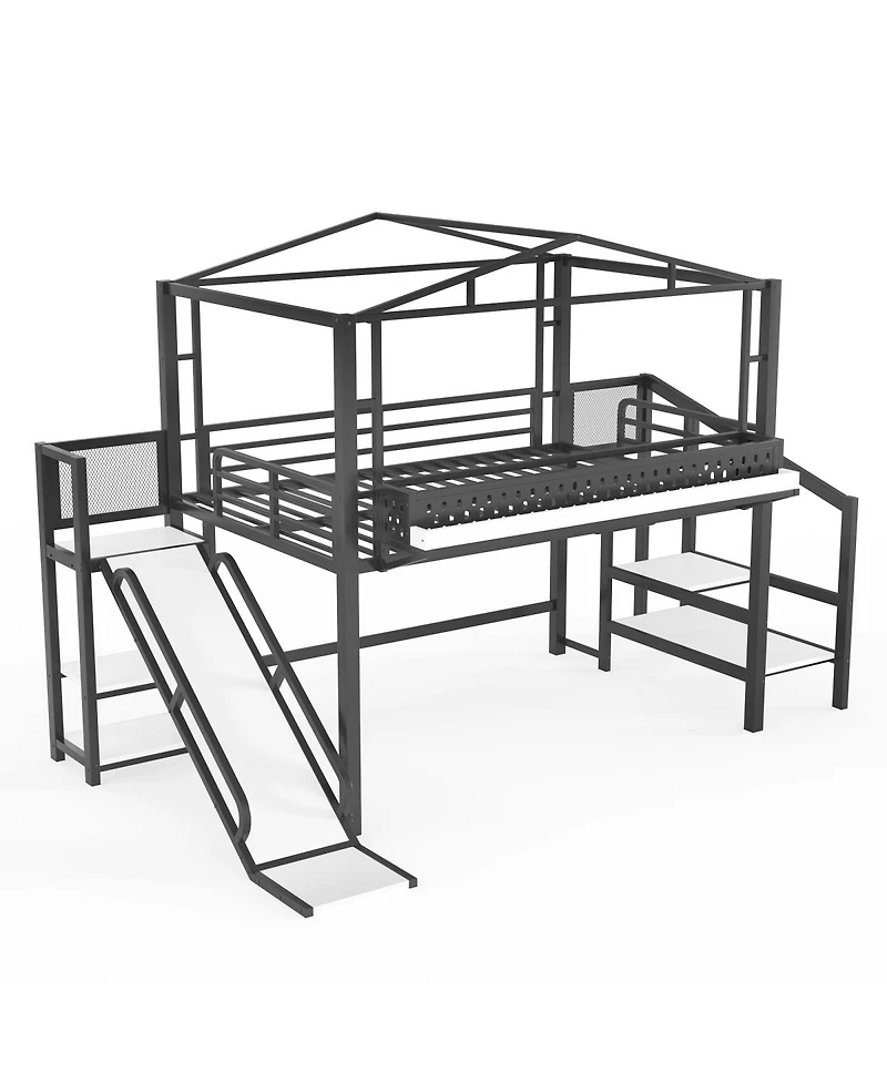 Streamdale Furniture Full Size Metal Loft Bed with Storage Stairs Wardrobe Usb and Led Lights