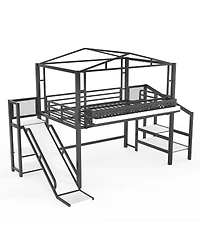Streamdale Furniture Full Size Metal Loft Bed with Storage Stairs Wardrobe Usb and Led Lights