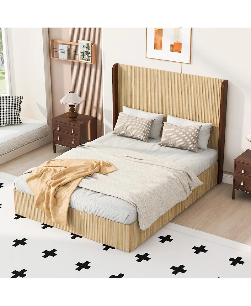 Streamdale Furniture Queen Size Serrated Wooden Platform Bed with Wing-Shaped Headboard