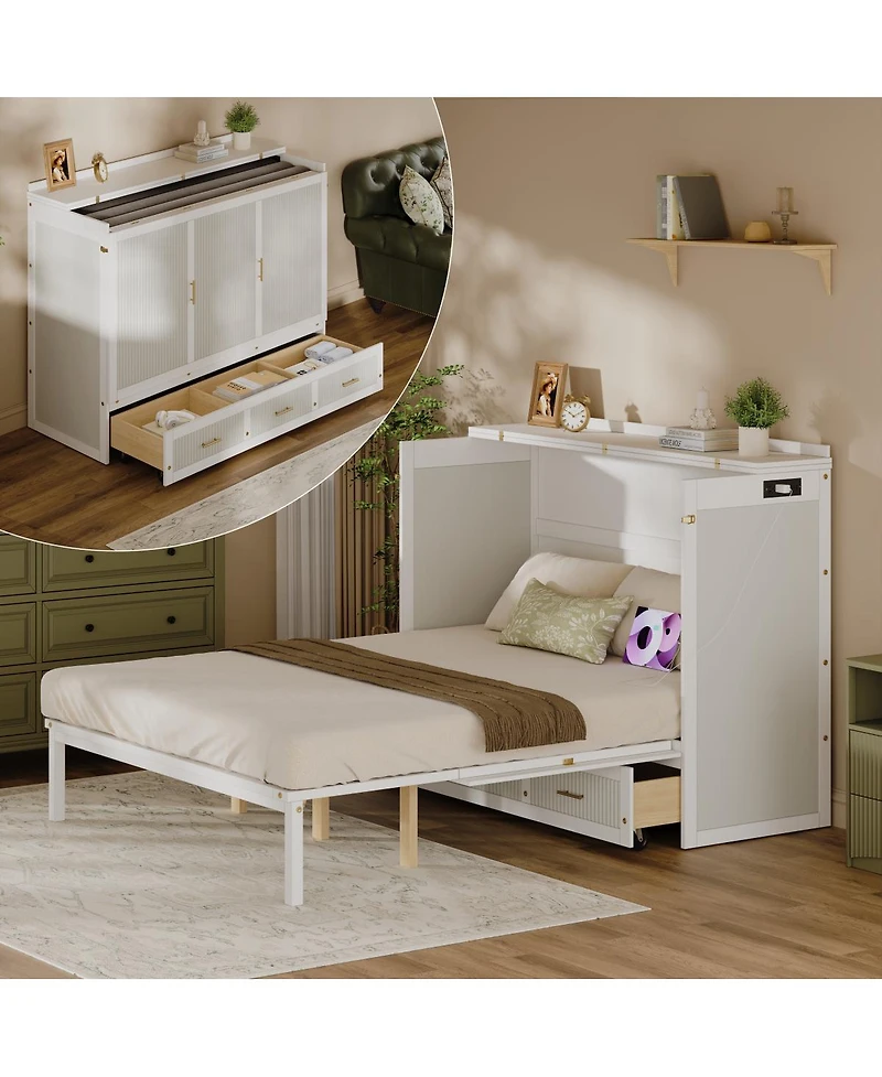 Streamdale Furniture Multifunctional Queen Murphy Bed Cabinet with Usb Charging Station and Drawers