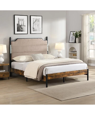 Streamdale Furniture Upholstered Queen Bed Frame with Led Lights Charging Station and Storage