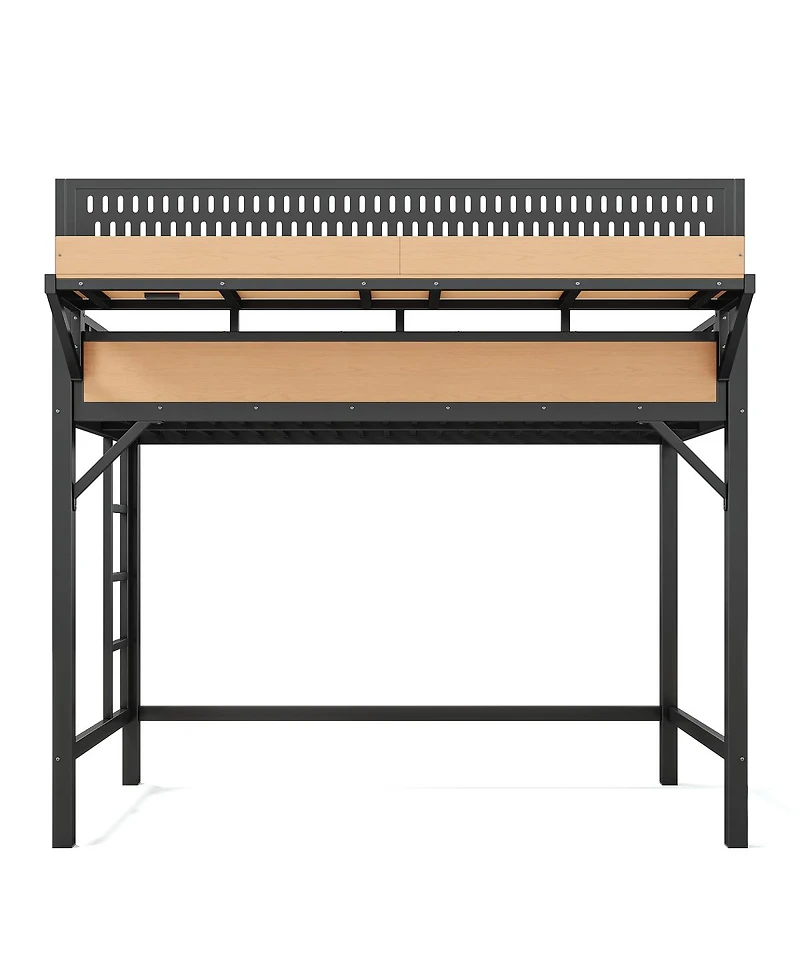 Streamdale Furniture Metal Loft Bed with Storage Pegboard Usb Ports and Led Lights