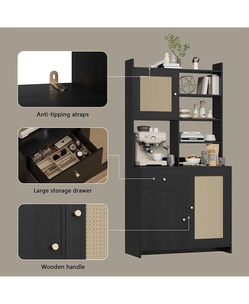 homfan 71 Inch Tall Kitchen Pantry Cabinet with Rattan Doors Storage Hutch Microwave Stand and Adjustable Shelves