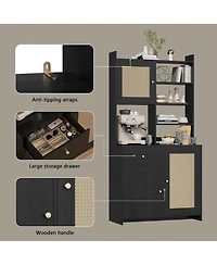 homfan 71 Inch Tall Kitchen Pantry Cabinet with Rattan Doors Storage Hutch Microwave Stand and Adjustable Shelves
