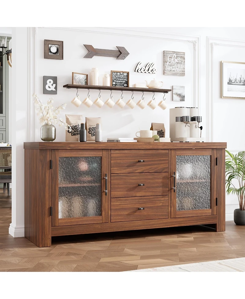 homfan Buffet Sideboard with Glass Doors and Drawers Accent Storage Cabinet Coffee Bar for Living Room Kitchen Dining Room