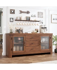 homfan Buffet Sideboard with Glass Doors and Drawers Accent Storage Cabinet Coffee Bar for Living Room Kitchen Dining Room